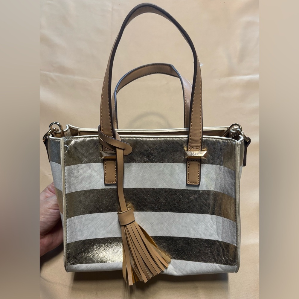 Madison West Mini Ari Satchel Handbag White Gold Tan Stripe Crossbody Adjustable